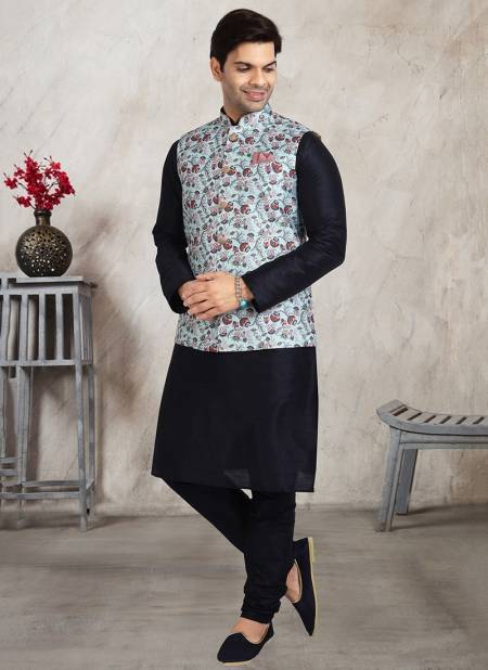 Sky Blue Colour Festive Wear Jacquard Banarasi Silk Digital Print Kurta Pajama With Jacket Mens Collection 1211